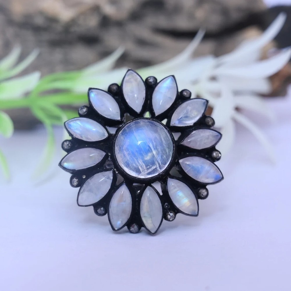 925 Sterling Silver Moonstone Flower Victorian Ring Gift for Mum