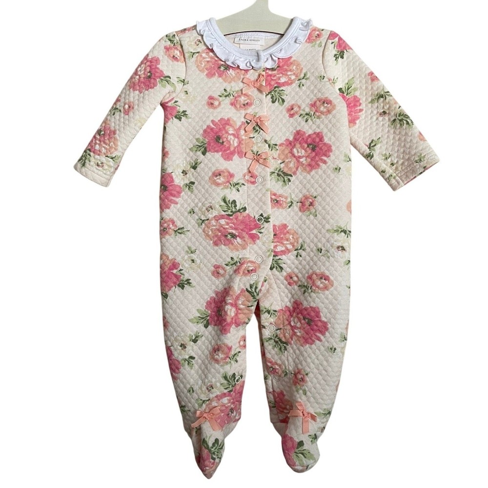 Baby Girl Floral Quilted Footed One Piece 3-6M Bow Ruffle Cottage Coquette Rose