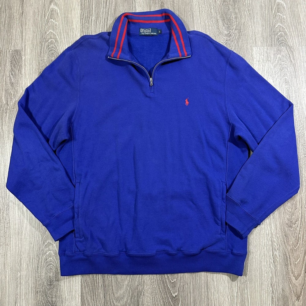 Polo Ralph Lauren 1/4 Zip Fleece Sweatshirt Men’s Large Blue Red Stripe Collar