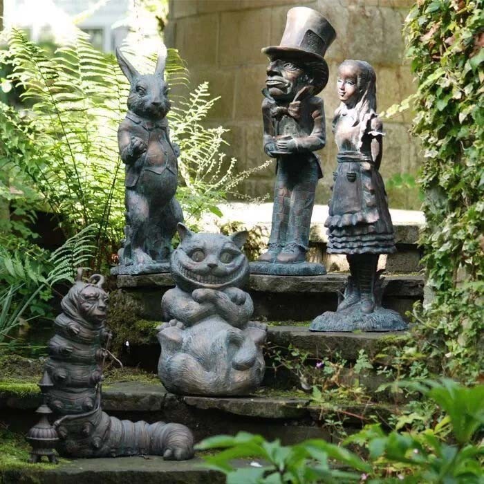 Alice in Wonderland Sculpture Set with Caterpillar Rabbit and Cheshire Cat Garden Statue