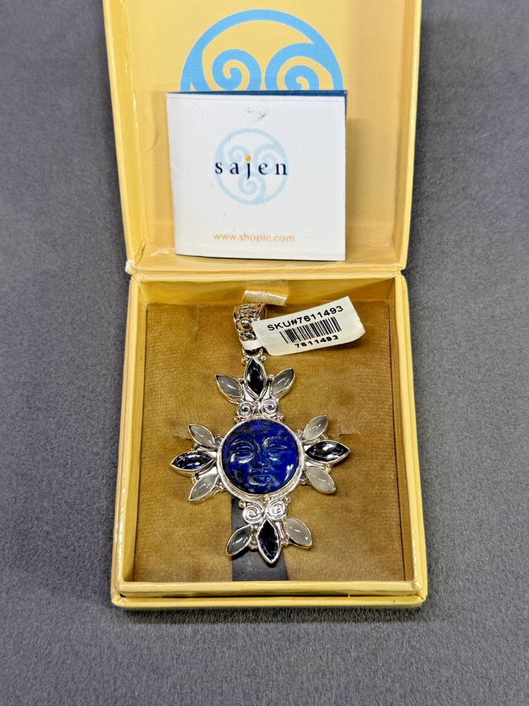 SAJEN Sterling Silver Lapis Lazuli Carved Moon Face w/ Moonstone Iolite Pendant