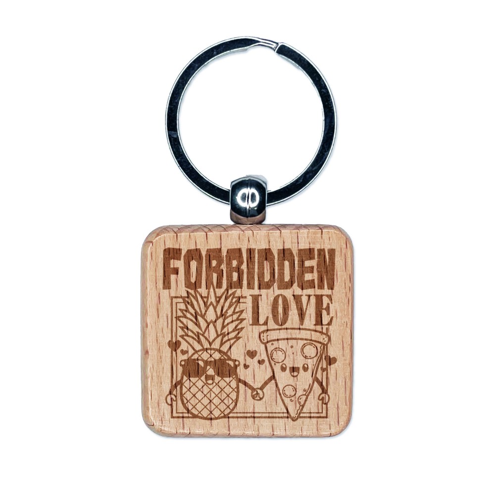 Pineapple and Pizza Forbidden Love Friends Engraved Wood Square Keychain