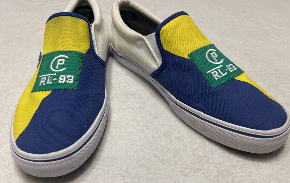 Polo Ralph Lauren Mens Shoes Size 6.5 Yellow Blue White Slip On Sneakers Pony RL