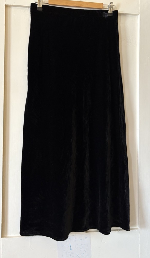 Black Stretch Velvet A-Line Long Skirt UK10 Lightweight Pull On L35