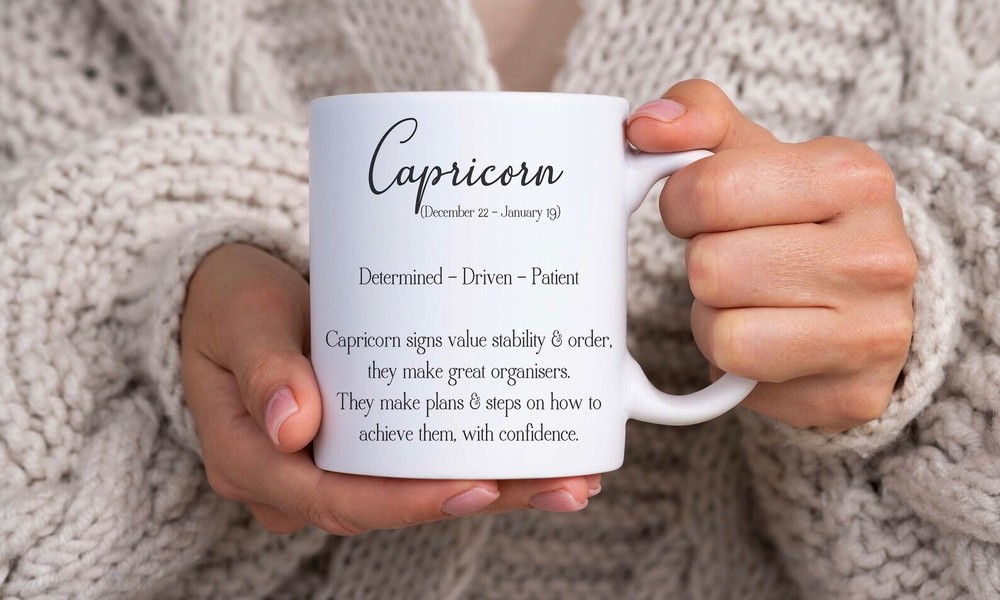 Capricorn Zodiac Mug Black and White Dictionary Design