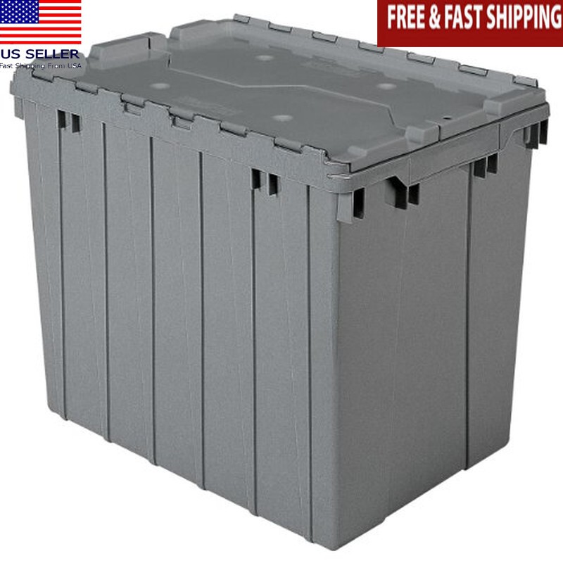 Hinged Lid Stackable 3-Pack Industrial Plastic Storage Totes Nesting Containers