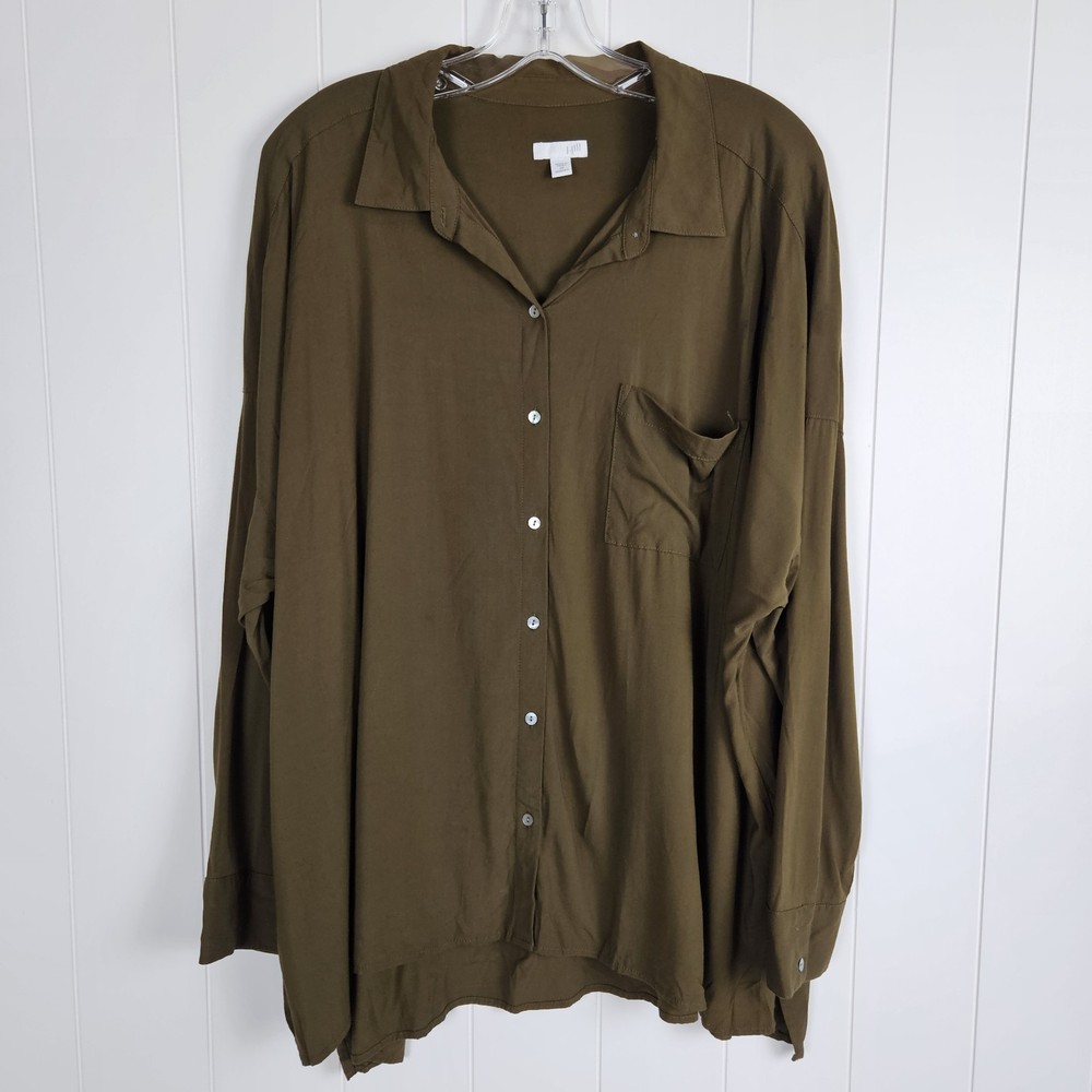Flaw J Jill Blouse Button Up Long Sleeve Olive Green Lightweight Womens 2x Loose