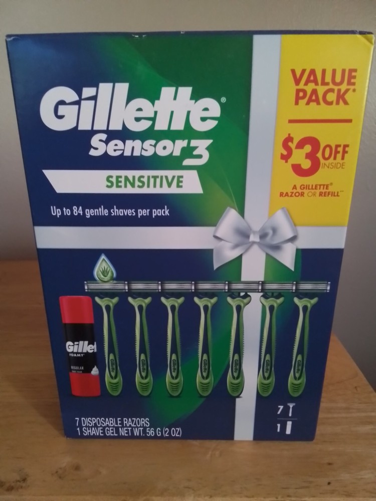 Gilette Sensor 3 Sensitive Gift Pack 7 Disposable 3 Blade Razors & Shave Foam
