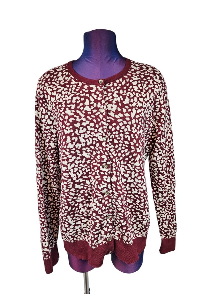 Lands End Maroon White Leopard Print Supima Cotton Cardigan Sweater Large K66  