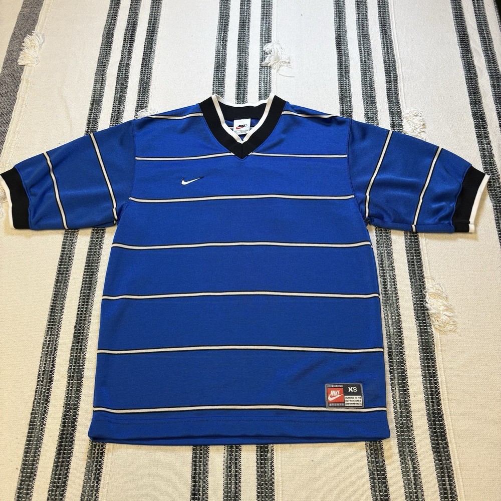 Nike Jersey Mens XS Blue Striped V-Neck Soccer Shirt Made USA 90s Vintage