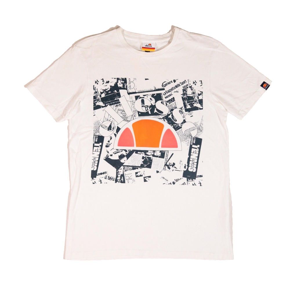 Ellesse Newspaper Clip Retro T-Shirt Men's Size Small White 3D Central Logo