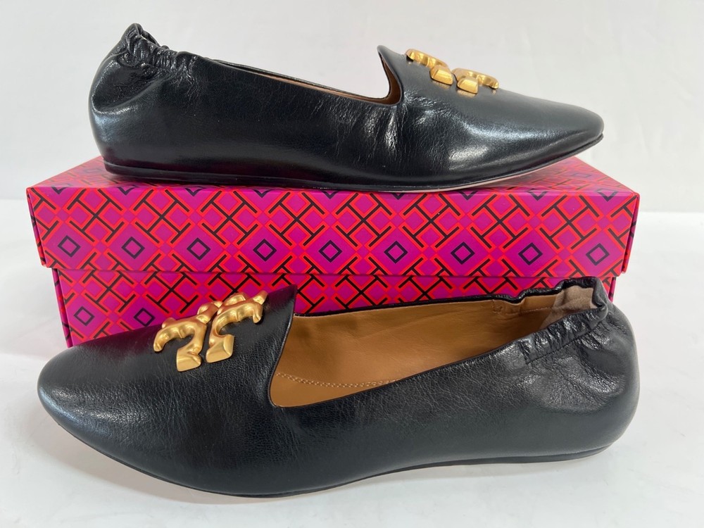 Women's TORY BURCH Eleanor Loafer Black Goat Leather Sz 9.5M in Box