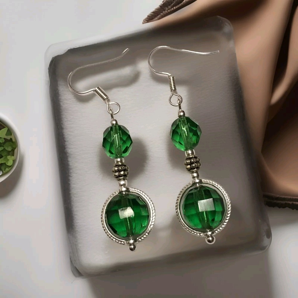 Vintage Green Faceted Crystal Drop Earrings in Silver Plate