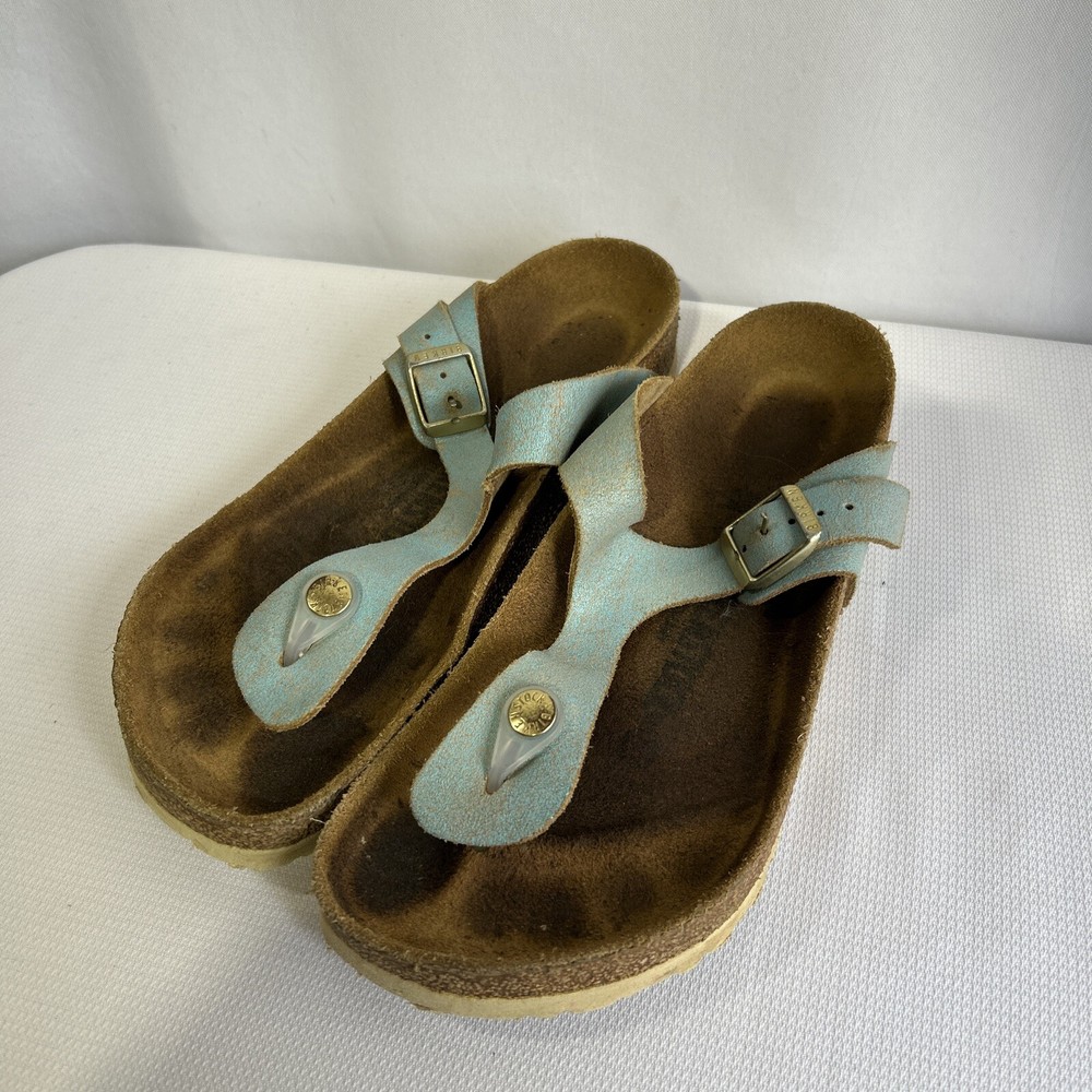 Birkenstock Sandals Gizeh Blue Washed Aqua Leather 38 7 7.5 Wide T Strap Thong