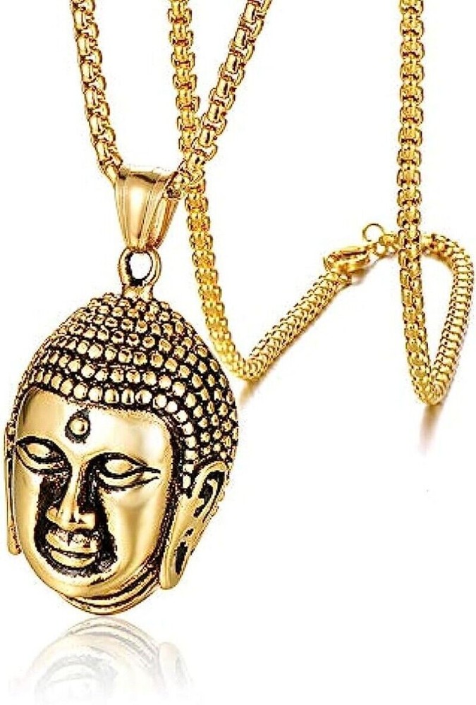 Vintage Gold or Silver Buddha Pendant Necklace Amulet Head Stainless Steel Chain