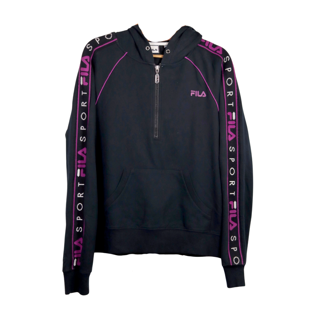 Fila Retro Womens Large Black Purple Sport Hoodie with Logo Tape 1/2 Zip