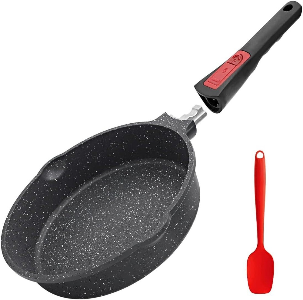 8 Inch Nonstick Deep Frying Pan, Egg Pan with Removable Handle, Aluminum, Black