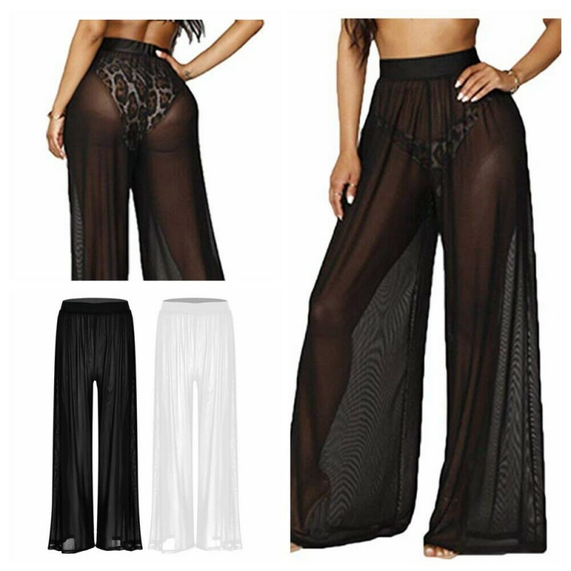 Womens Beach Mesh Wide Leg Long Pants Bikini Cover Up Summer Swimwear Trousers