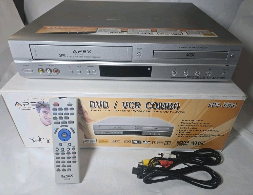 APEX Digital ADV-3850 VCR DVD Combo Player with Remote Cables OEM Box Tested Working