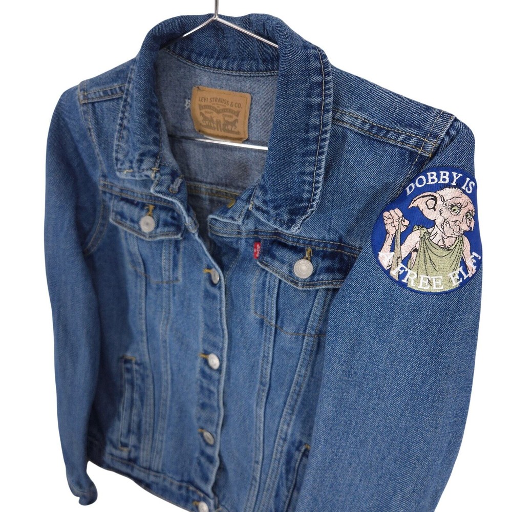 Levis Denim Jacket Womens S Blue Cropped Harry Potter Dobby Is A Free Elf Patch