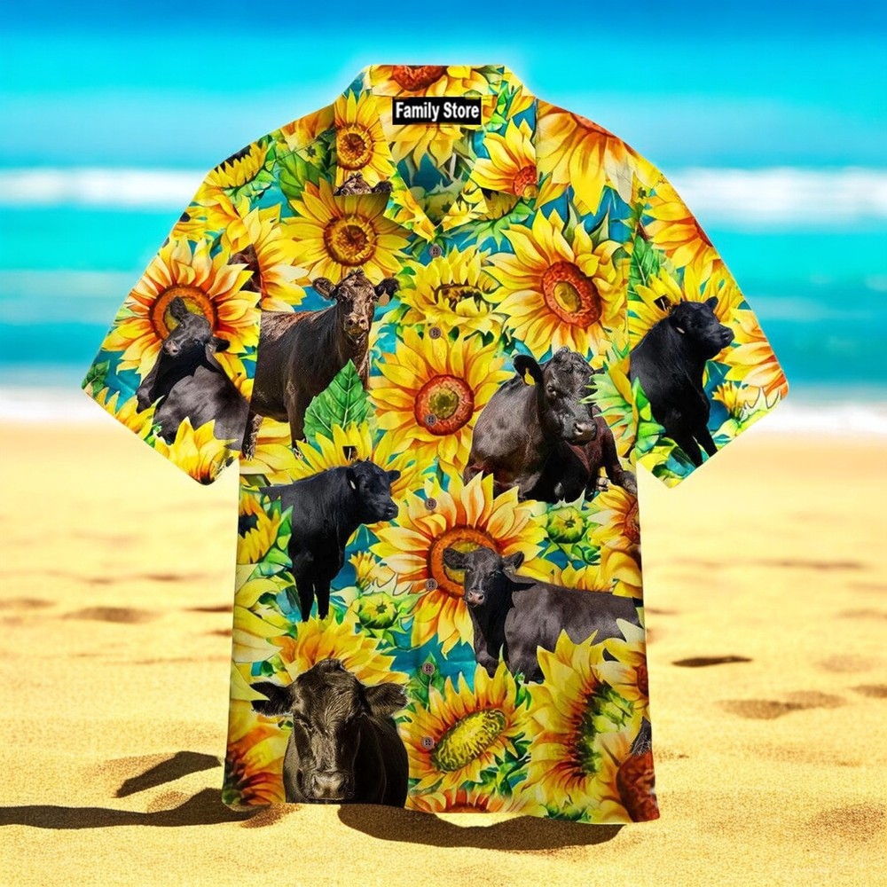 Black Angus Cattle Lovers Sunflower Watercolor Hawaiian Shirt