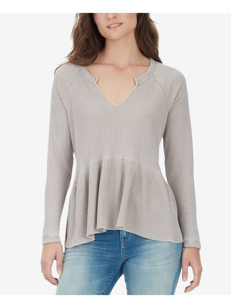 William Rast Womens Beige V-Neck Long Sleeve Peplum Blouse