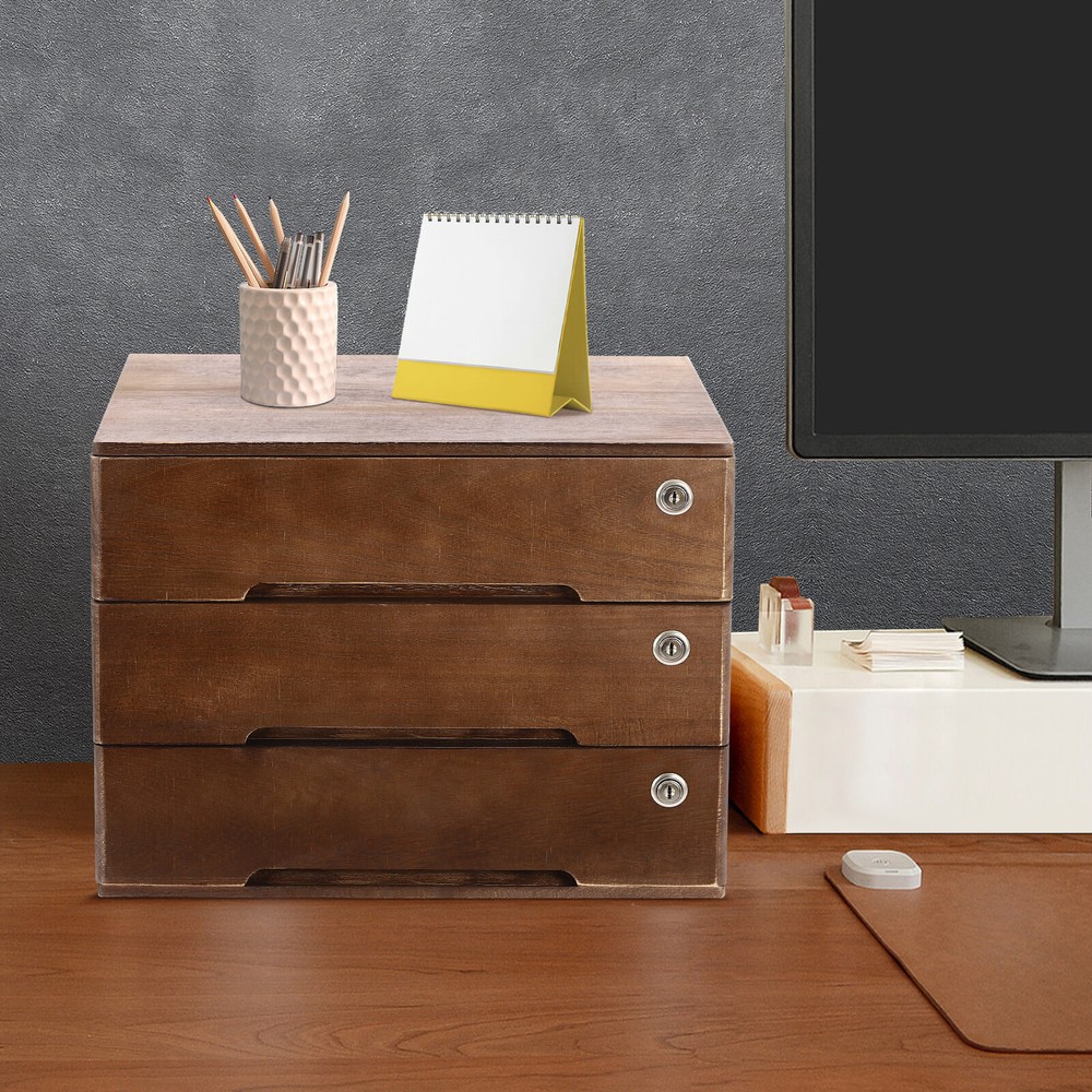 Vintage Lockable Wooden 3-Drawer Desktop Storage Box for Office or Home