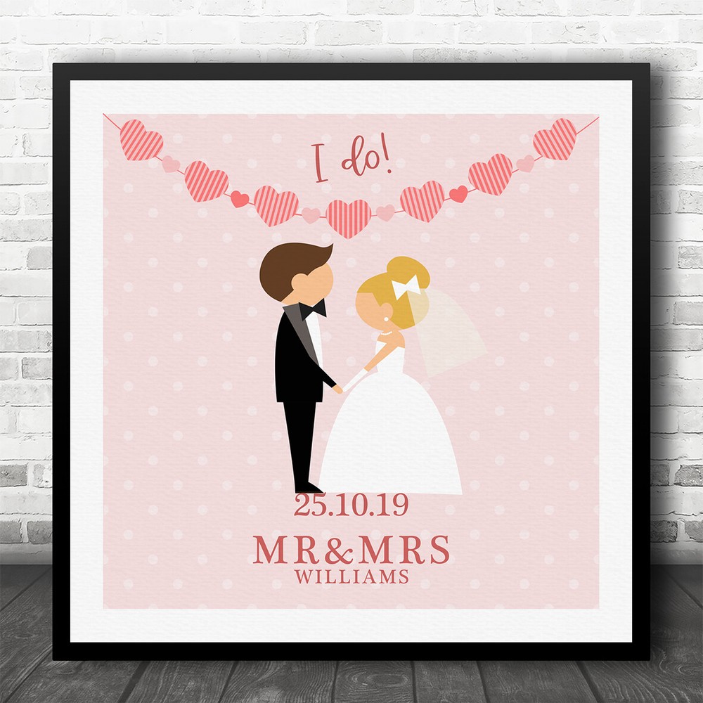 Square Blonde Hair Bride & Brown Hair Groom I Do Personalised Gift Print