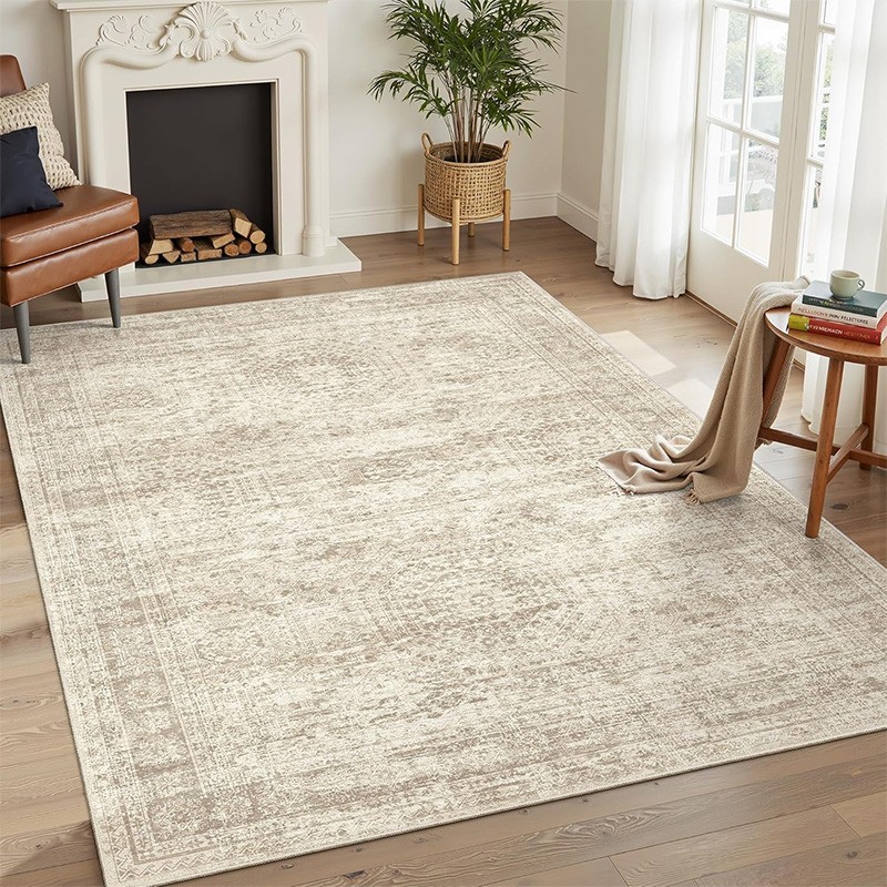 8'x10' Beige Washable Area Rug Low Pile Large Soft Rug for Living Room Bedroom