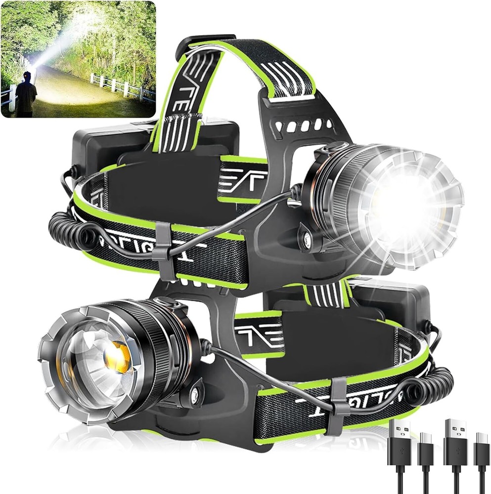 Dual Pack Rechargeable Headlamps - Bright LED, Waterproof, Adjustable Focus