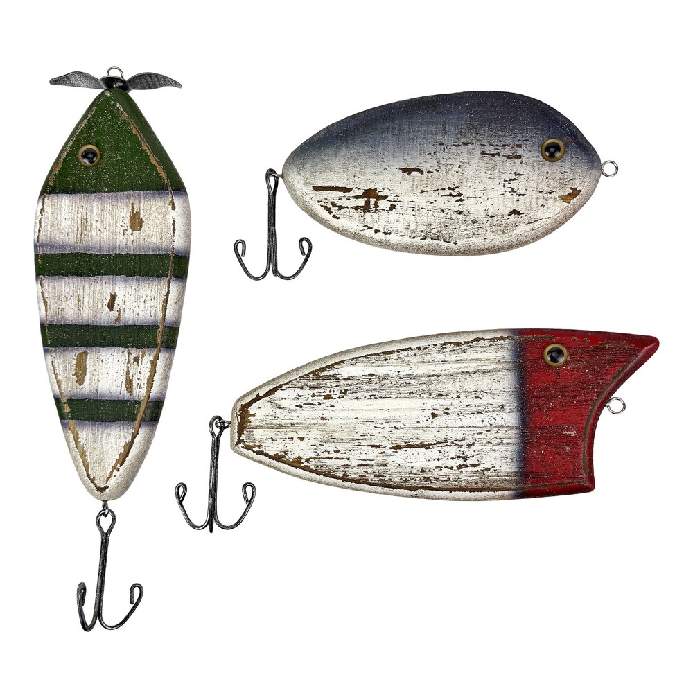 Rustic Fishing Lure Wall Decor Set of 3 Wood Metal Fish Plaques 9.5 inch