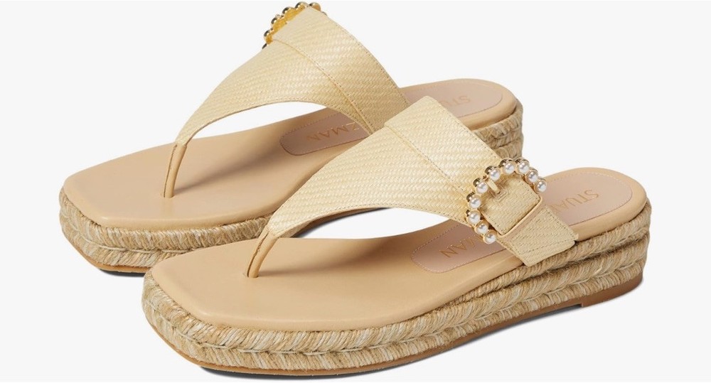 Stuart Weitzman Pearl Buckle Sandal Women's 7.5 Ivory Square Toe Espadrille