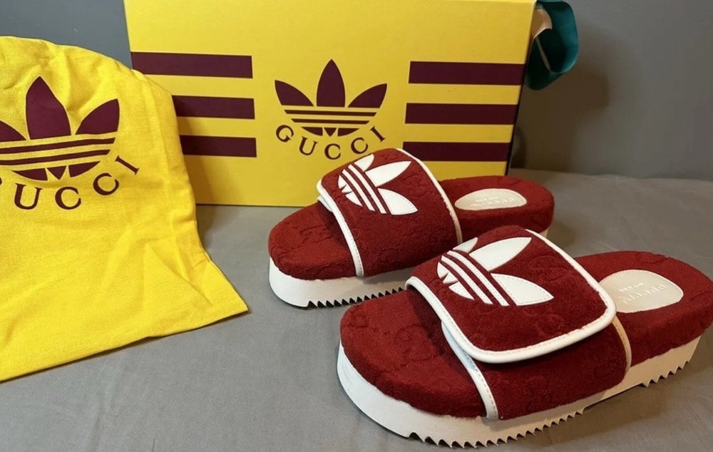 Gucci x Adidas GG Platform Slides Sandals Red Mens Size 12 Authentic