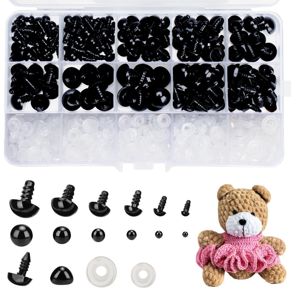 Safety Eyes and Noses for Amigurumi, Craft Doll Eyes, Black Stuffed Crochet E...