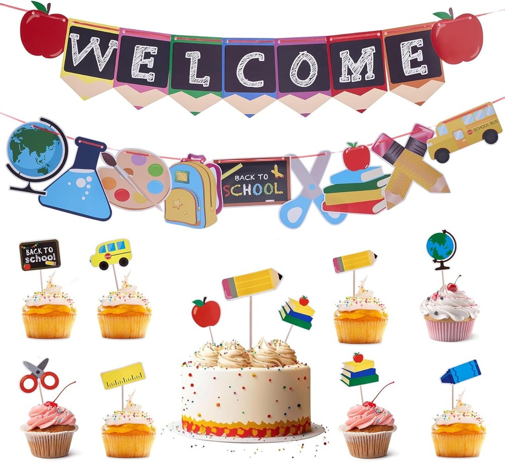 Colorful Back to School Banner Set with Cake Topper and Copper Accents Pre-Strung Welcome Decor
