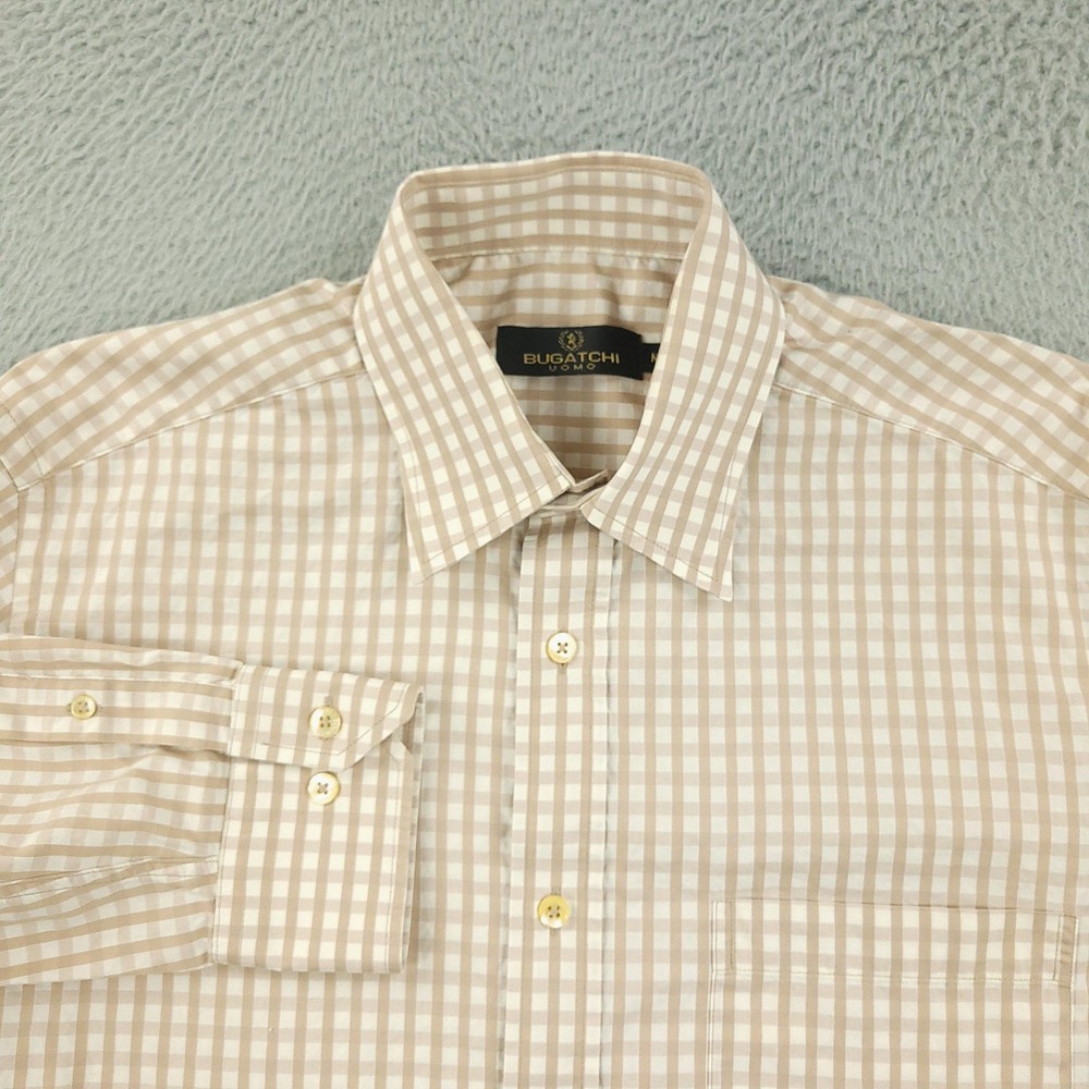 Bugatchi Uomo Dress Shirt Mens Medium Beige Gingham 100% Cotton Long Sleeve