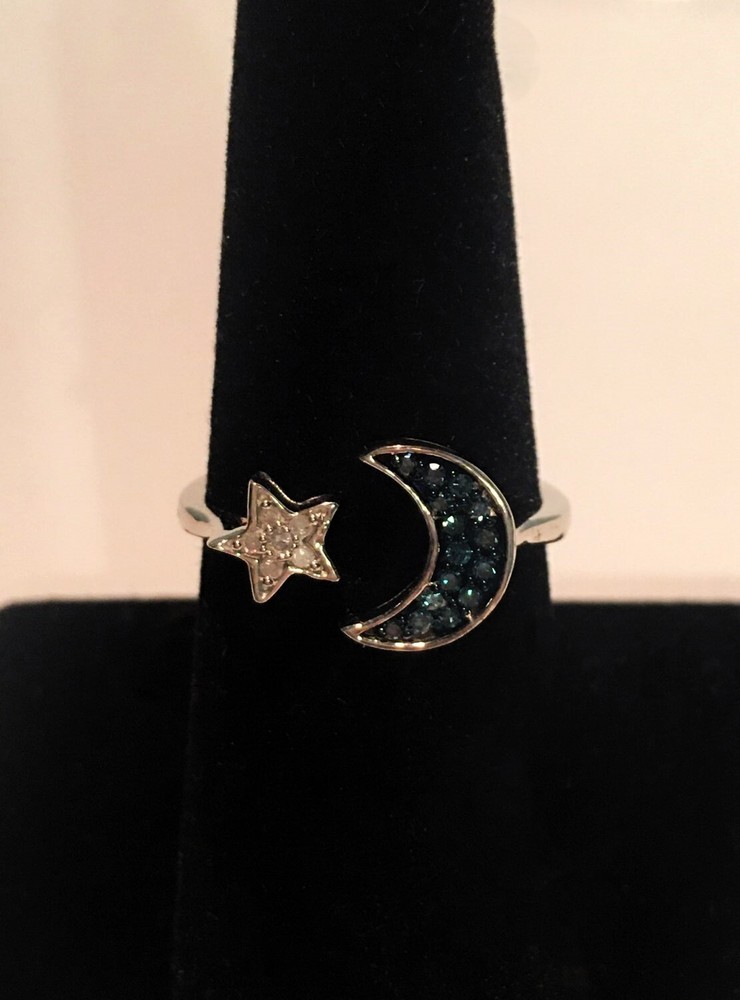 NWT Venice Blue Diamond I1-I2 and Diamond Moon Star Ring Size 7, 925 Sterling