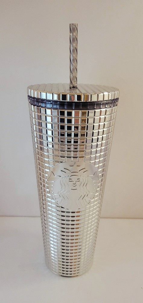 New! Starbucks Silver Grid Disco Cold Drink Tumbler 24 oz. Venti NWT
