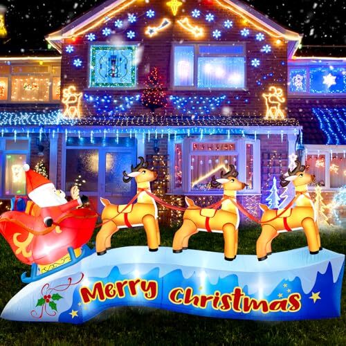 12FT Long Christmas Inflatable Outdoor Santa and Reindeer Inflatable-12FT