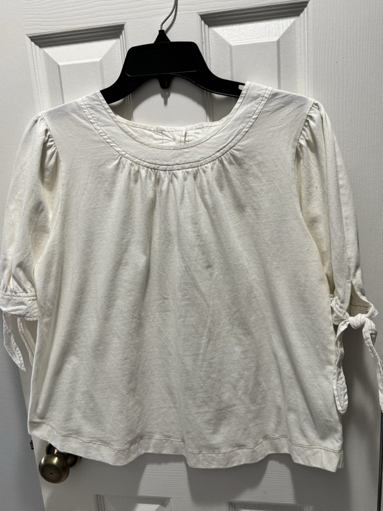 Anthropologie White Cotton Puff Sleeve Button Tie Knit Blouse Size L