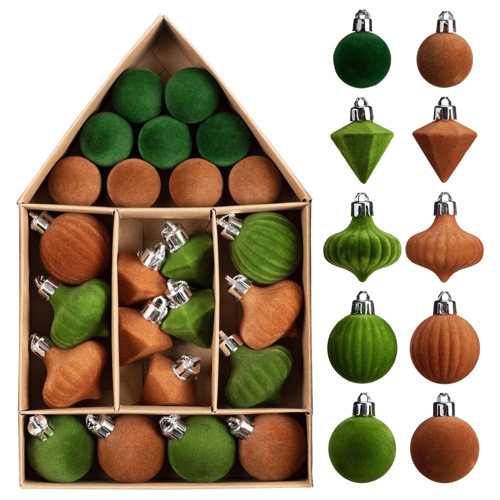 DecorbyHannah Mini Velvet Christmas Ornaments, 24ct Green and Brown Small Vel...