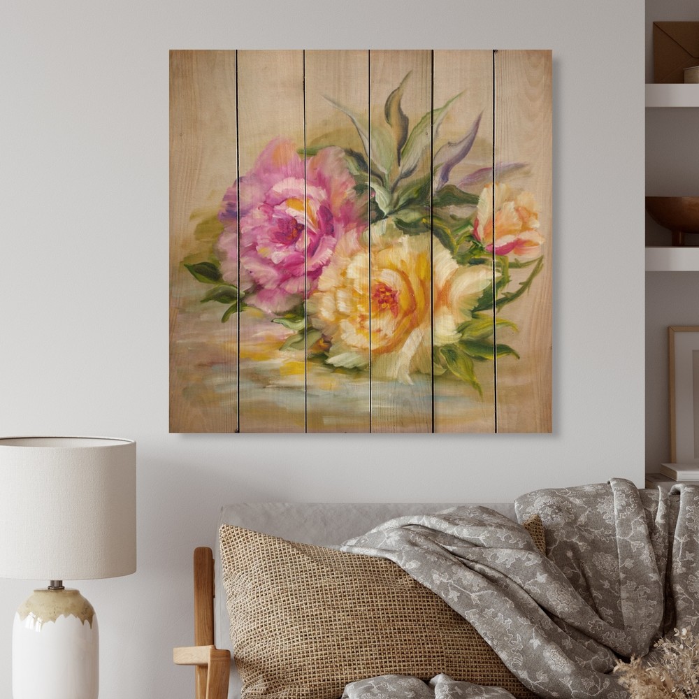 Designart 'Vintage Pink And Yellow Roses' Traditional Wood