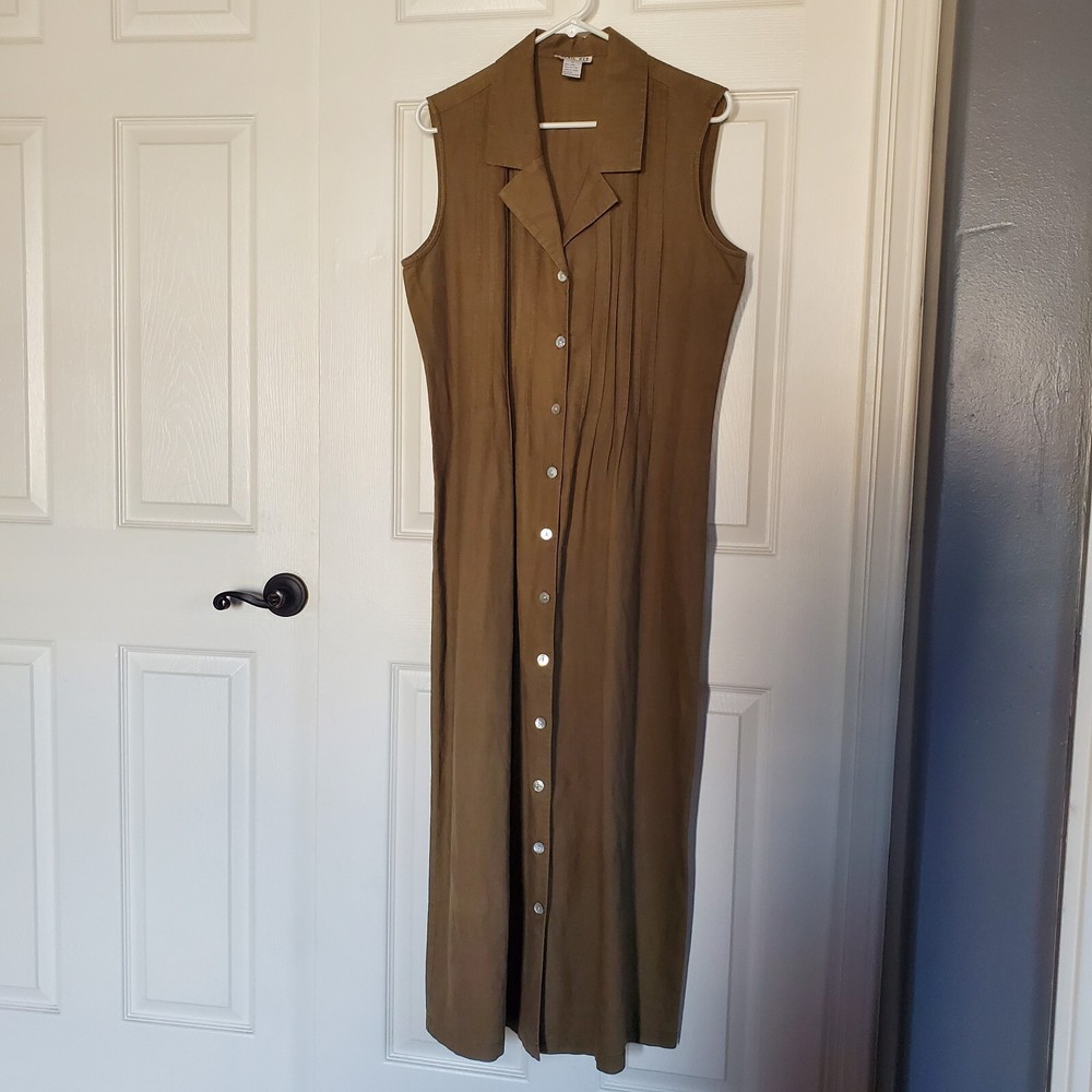 Robbie Bee Linen Maxi Dress Olive Green Sleeveless Size 12 Button-up Back Tie