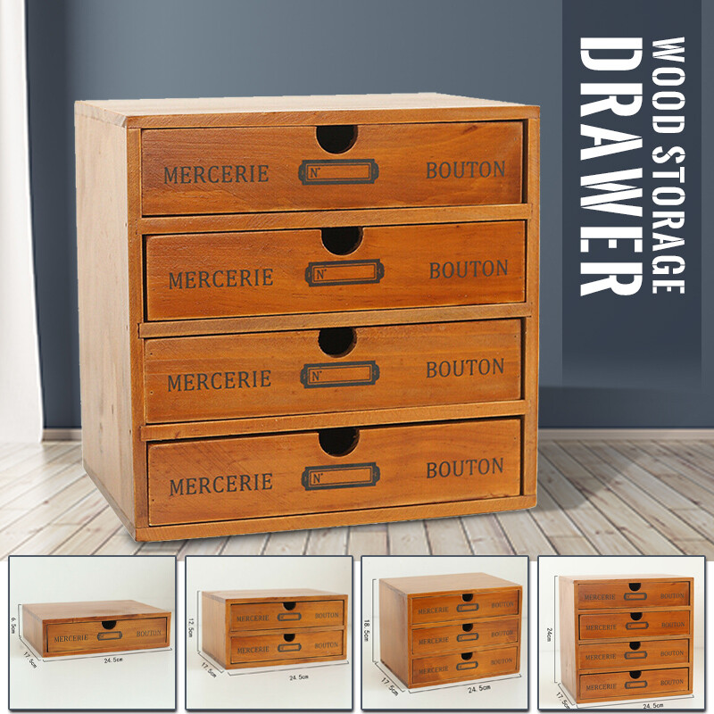 Vintage Wooden Desktop Storage Box Drawer Office/ Home Table Organizer Display