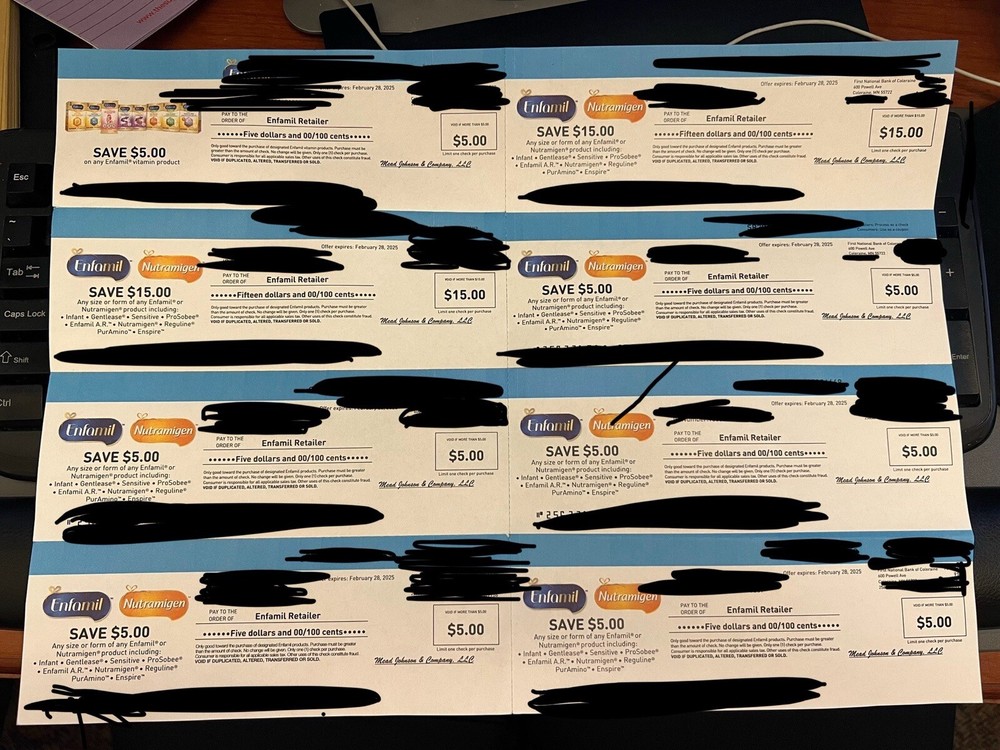 $55 In Enfamil formula Coupon Checks (2) $15 (5) $5 All Expire 2/28/2025-image