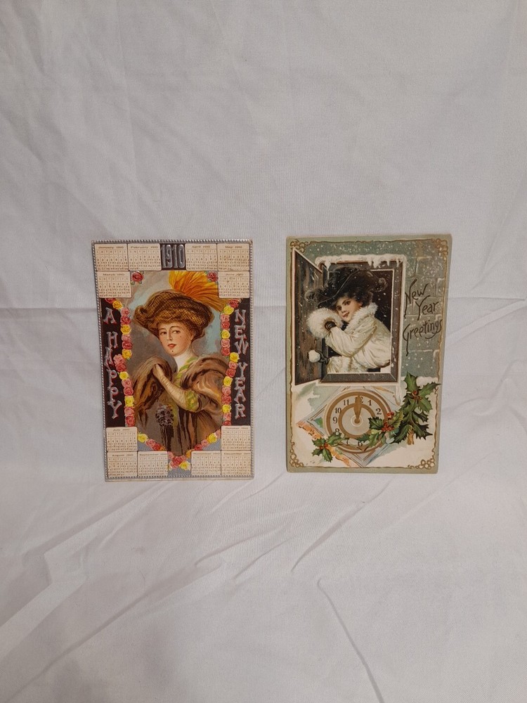 Victorian Woman in Big Hats Antique New Year Postcard Pair-image
