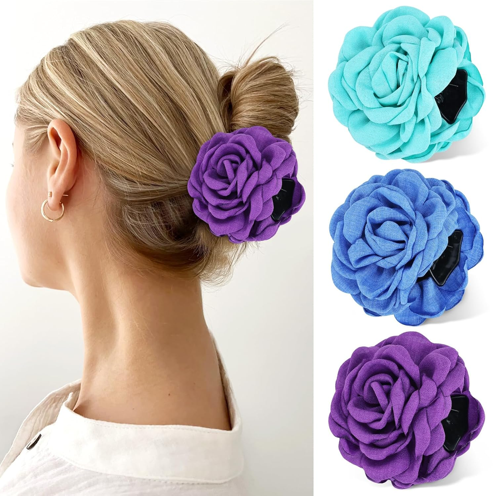 Vintage Rose Hair Claw Clips 3-Pack Strong Hold Floral Updo