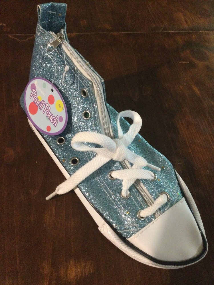 NEW Back to School High Top Zipper Pencil Athletic Shoe Pouch Blue Glitter-image