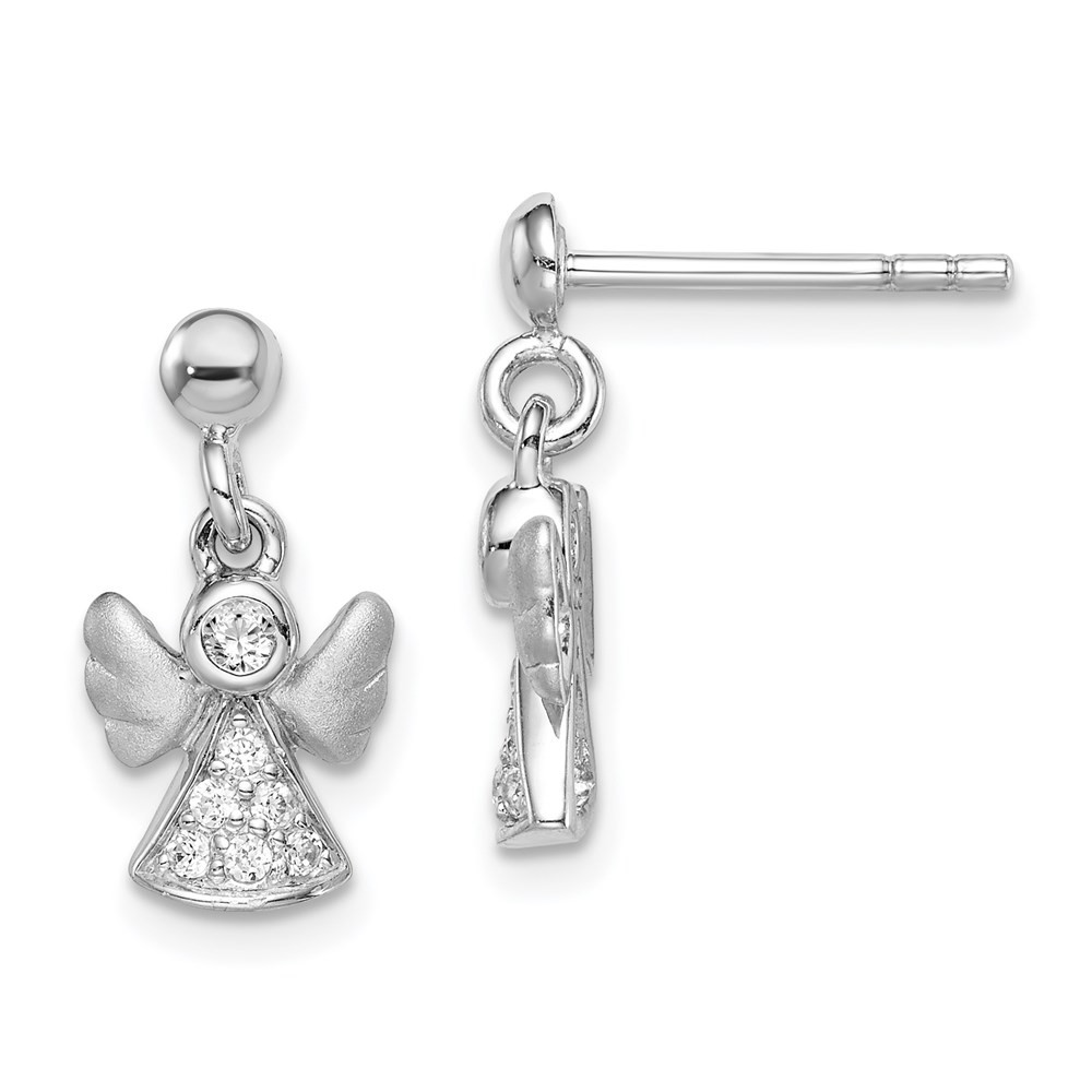 Sterling Silver Polished Satin Cubic Zirconia Angel Drop & Dangle Earrings 1.7gm