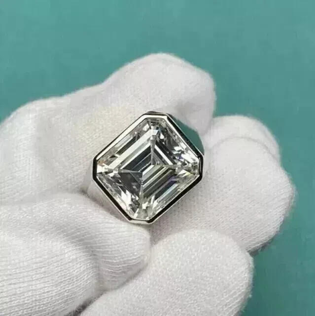 6mm Emerald Cut Moissanite Mens Wedding Band 14K White Gold Plated Ring